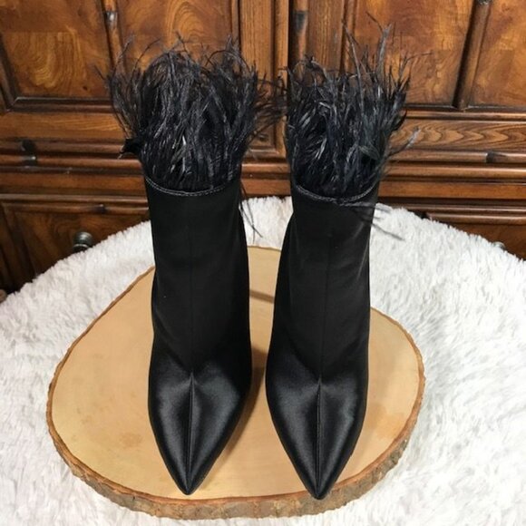 Jessica Simpson Prixey Feather Black Matte Satin Heeled Bootie - Picture 4 of 11